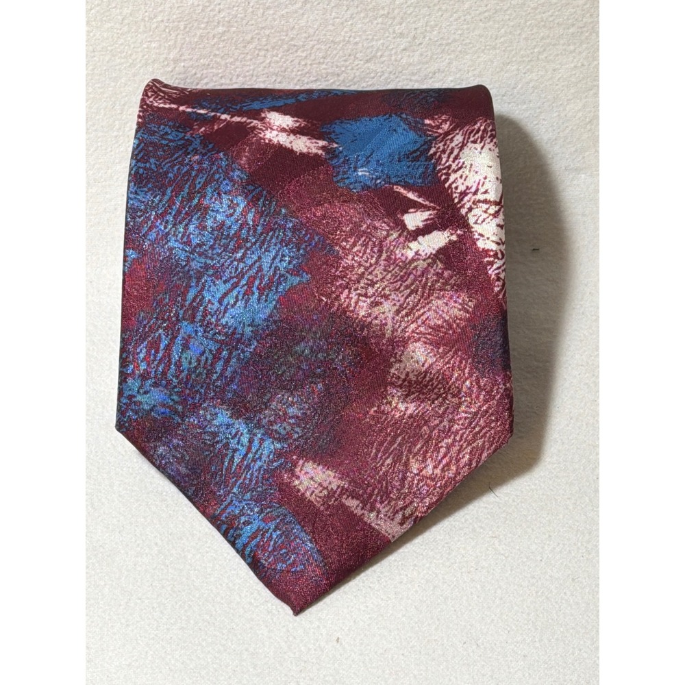 Italianissimo Mens Necktie Burgundy Blue Abstract Painterly Silk Look RN 43170